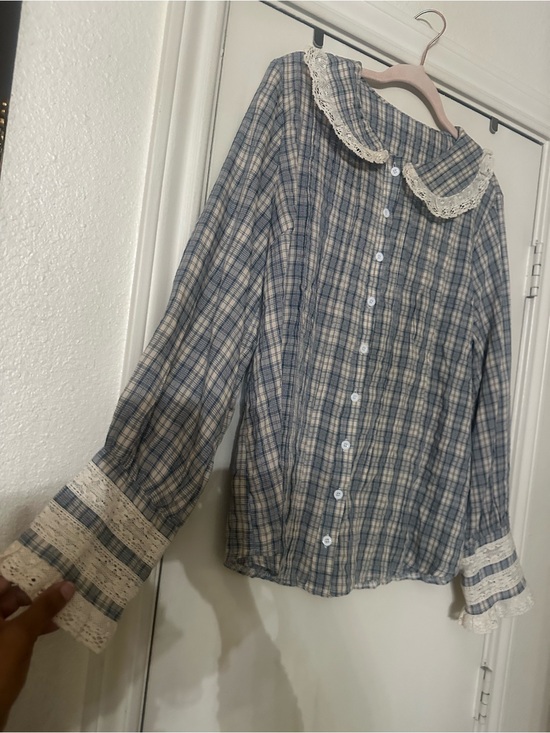 Tops - Plaid Button-Up Blouse with Lace Trim - Blue & Cream